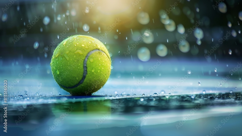 A close up of a wet tennis ball on a wet tennis court with the sun reflecting off the water.