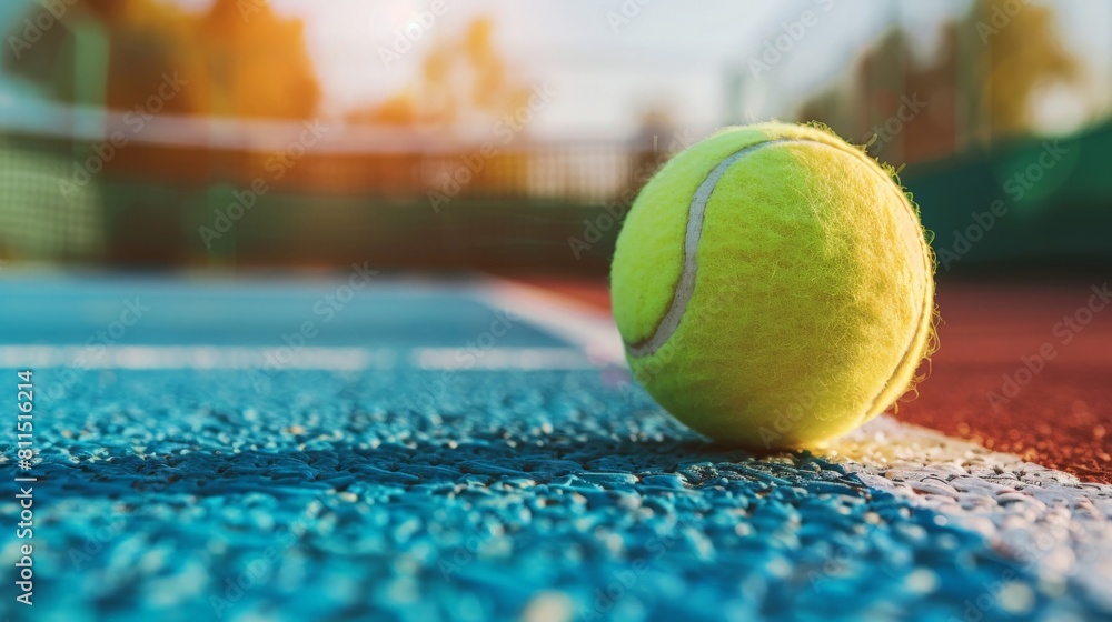 A close up of a tennis ball on a tennis court with the net and court in the background.