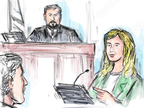 Pastel pencil pen and ink sketch illustration of a courtroom trial setting with judge and a young female defendant, plaintiff, witness testifying on the stand in judiciary court of law and justice.