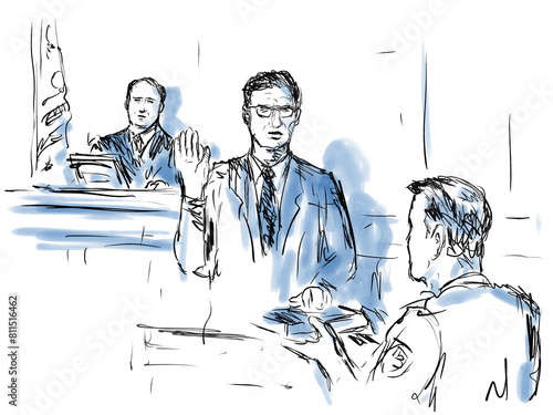 Pastel pencil pen and ink sketch illustration of a courtroom trial setting with judge and a male defendant, plaintiff, witness on the stand taking the oath being sworn in court of law and justice.