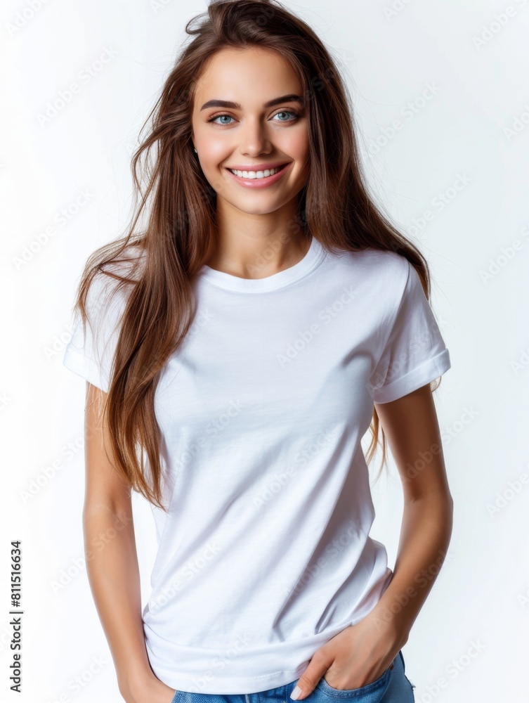 Woman wearing white tshirt mockup created with generative AI Woman wearing white tshirt mockup created with generative AI