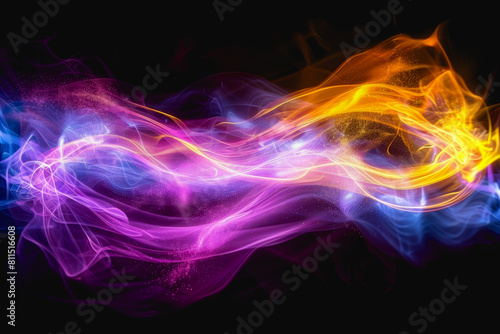 neon light swirls dancing in colorful or pastel with vivid streaks, isolated on a black background.