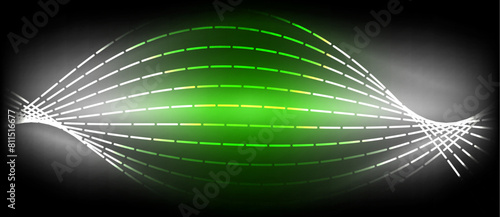 Electric blue neon lighting creates a symmetrical design of a green and white wave on a black background, resembling a terrestrial plant. This visual effect is both captivating and entertaining