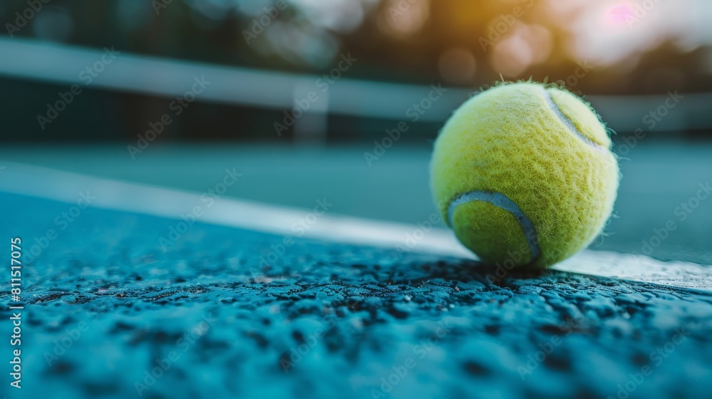 A close up of a tennis ball on a blue court with the net in the background.