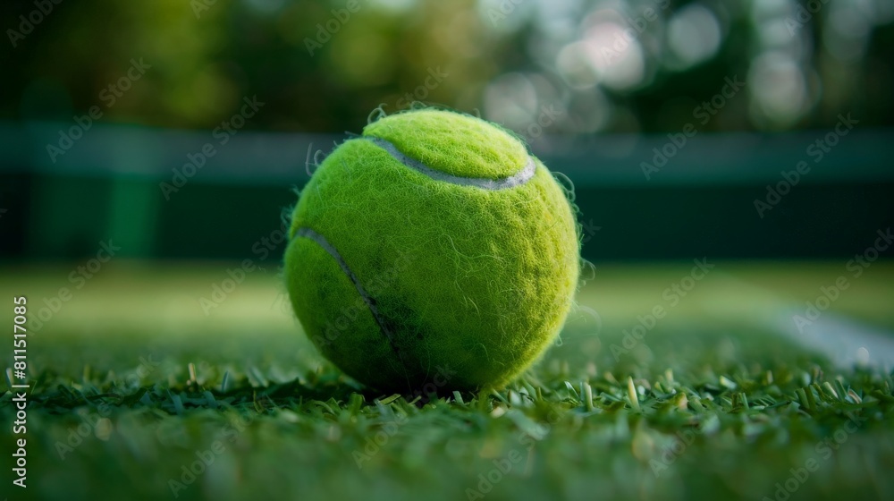 A close up of a used tennis ball on the grass at a tennis court
