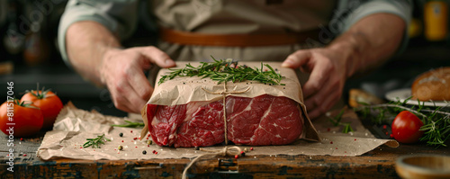 A photorealistic image of a butcher wrapping a package of fresh meat with butcher paper and twine, positioned on the right side of the banner with copyspace for text on the left. photo