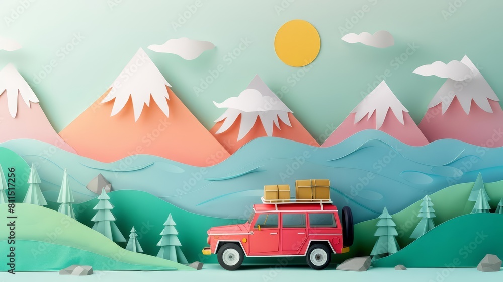 Creative paper art of adventure travel, rendered in retro colors, serving as a banner template with ample copy space Creative paper art of adventure travel, rendered in retro colors, serving as a banner template with ample copy space