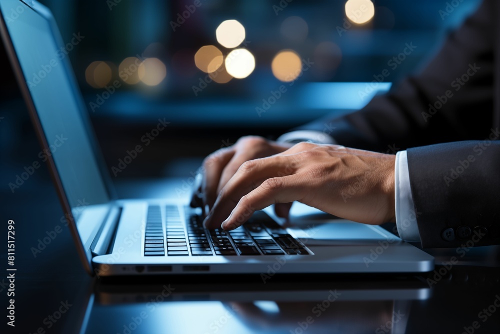 Close up of hands typing on a laptop, in the style of a business concept background with a blue color scheme. Generative ai Close up of hands typing on a laptop, in the style of a business concept background with a blue color scheme. Generative ai
