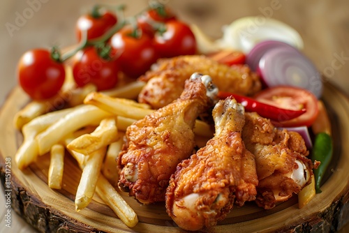 Irresistible crispy chicken  freshly prepared and still warm  incredibly appetizing  paired with potato fries  sliced onions  sliced chilies  sliced peppers  and sliced tomatoes  served on a wooden pl