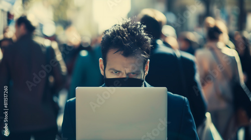 business man wearing a mask working on laptop, busy street background, people walking around