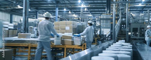 A busy manufacturing plant with workers packaging and preparing products for global distribution