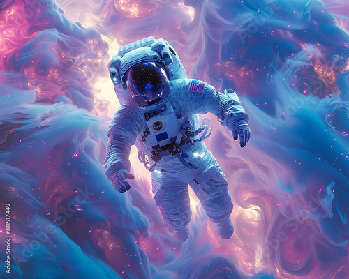 Astronaut floating in a colorful nebula.