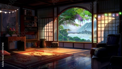 A serene lake surrounded by lush greenery can be seen from the large, arched window of the cozy study room. seamless looping background animation 4k photo