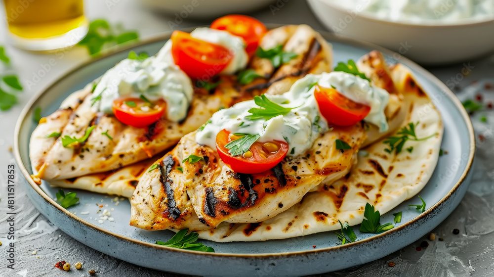 Grilled chicken with tzatziki sauce on flatbread, garnished with tomatoes and parsley Grilled chicken with tzatziki sauce on flatbread, garnished with tomatoes and parsley