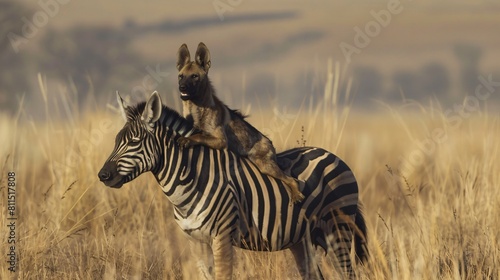 The picture of a dog riding a zebra s back is funny. In the dry meadow