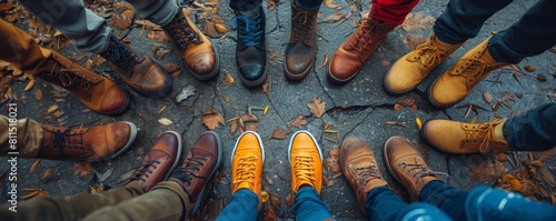 Multiple pairs of diverse feet standing in a circle, seen from above, emphasizing unity and diversity in a community setting photo