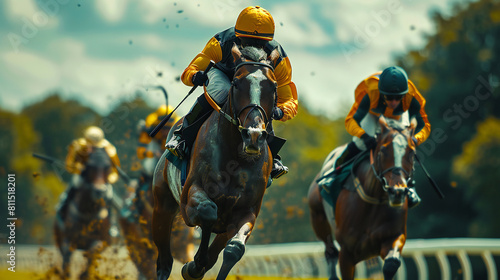 Intense Racing Action as Jockeys Guide Horses around a Swift Turn photo