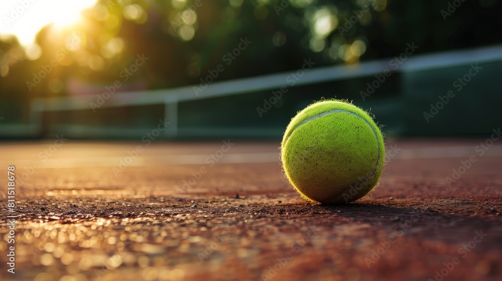 A close up of a tennis ball on a clay court with the sun in the background