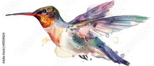 Featuring a pretty watercolor painting of a hummingbird midflight, the artwork is simple and full of life, Clipart minimal watercolor isolated on white background photo