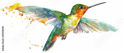 Featuring a pretty watercolor painting of a hummingbird midflight, the artwork is simple and full of life, Clipart minimal watercolor isolated on white background photo