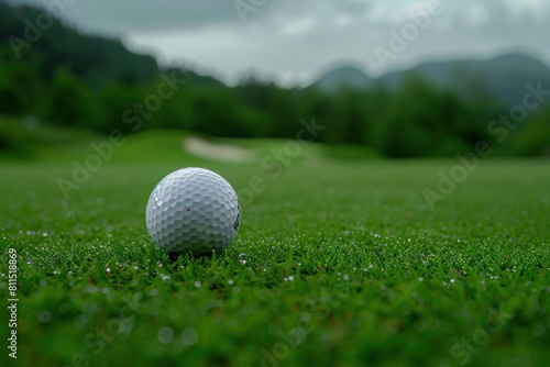 The golf ball is on a very beautiful golf course, nice background landscape