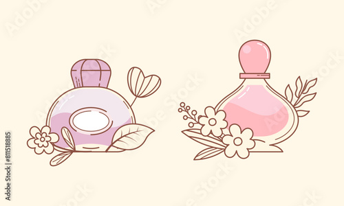 Set of different perfume bottles with ingredients