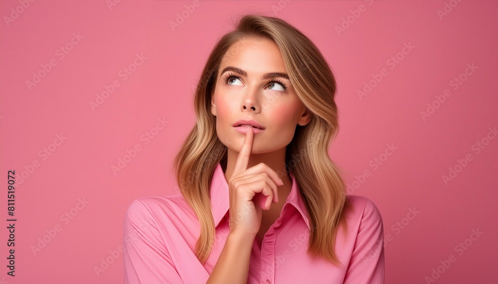 Portrait of a young woman in pink shirt with finger on mouth looking up thinking, isolated Portrait of a young woman in pink shirt with finger on mouth looking up thinking, isolated