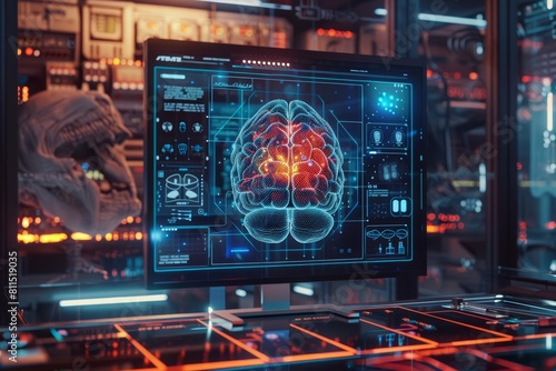 HUD of a brain scan procedure in future technology styles, colorful banner for advertise
