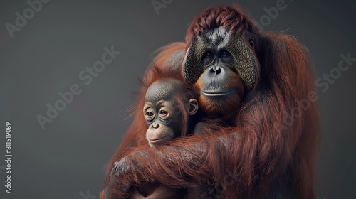 Endangered Species Day. An orangutan hugs its baby, a portrait that depicts sadness because this species has lost its home