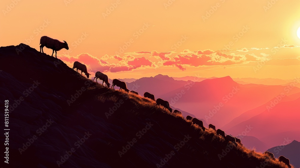 Fototapeta premium A herd of sheep are walking up a hill