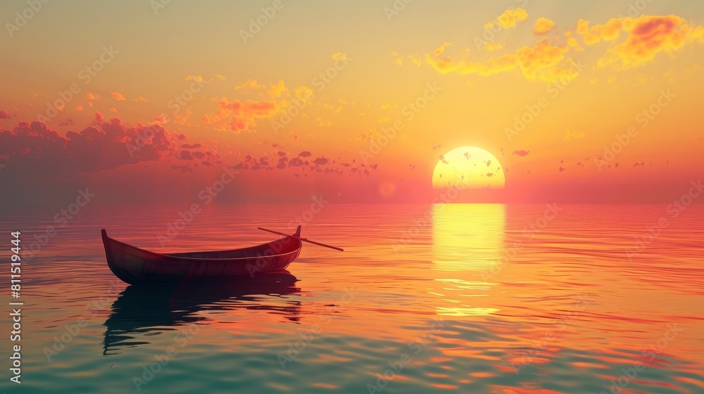 A boat is floating on a calm ocean with a beautiful sunset in the background