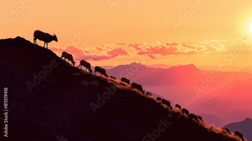 A herd of sheep are walking up a hill