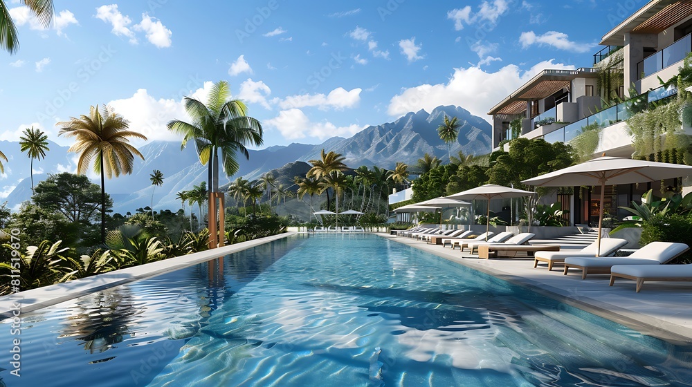 Luxurious resort with pool view toward ocean and mountains
