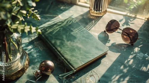 Handcrafted green notebook displayed on a table with sunglasses and glass ornaments photo
