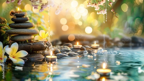 Spa Garden with Flowing Water  Stones  Candles  and Flowers
