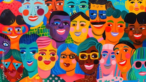 Diverse Crowd Celebrating Vibrant Cultural Festival in Surreal Pop Art Style