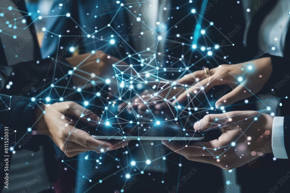 A diverse team of business partners holding an interconnected network diagram on a tablet screen A diverse team of business partners holding an interconnected network diagram on a tablet screen