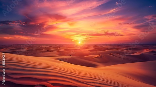 A stunning sunset over a vast desert landscape with sand dunes stretching to the horizon.