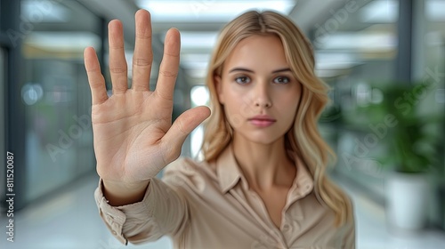 Stop sexual harassment and violence in the workplace. Business professionals, use hand signs and gestures.