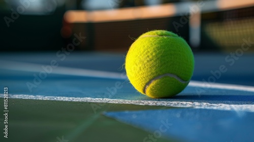 A close up of a bright green tennis ball on a blue tennis court with the net in the background. photo