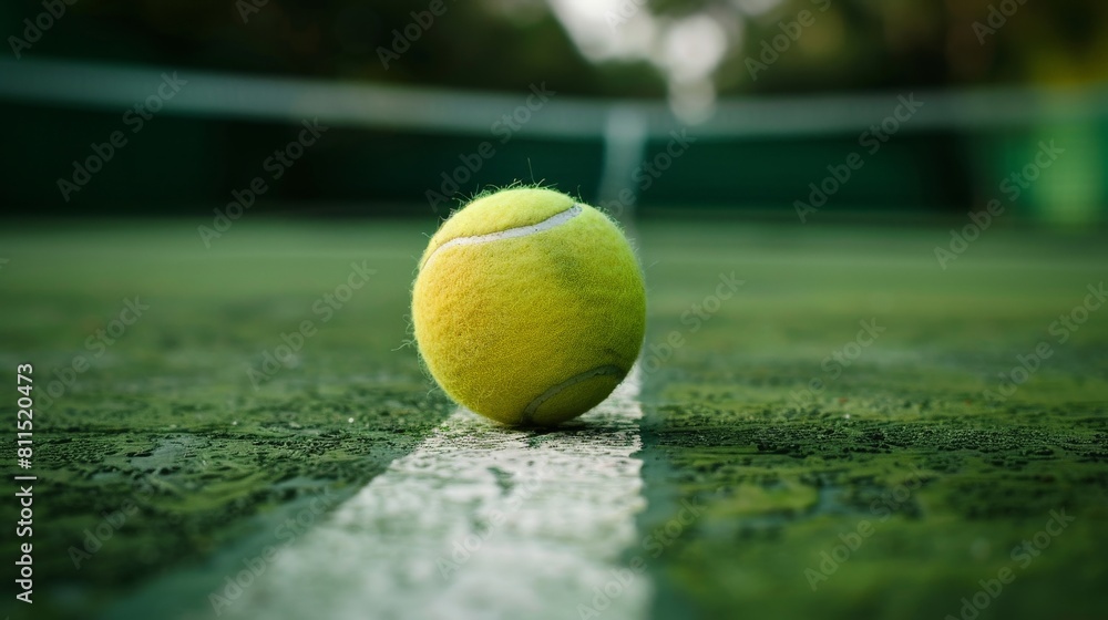 A close up of a tennis ball on the court