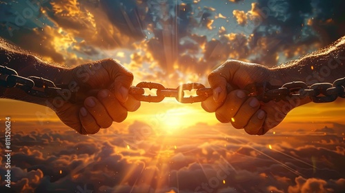 Two hands breaking steel chains against a dramatic sunset backdrop portray a powerful message of freedom and liberation. photo
