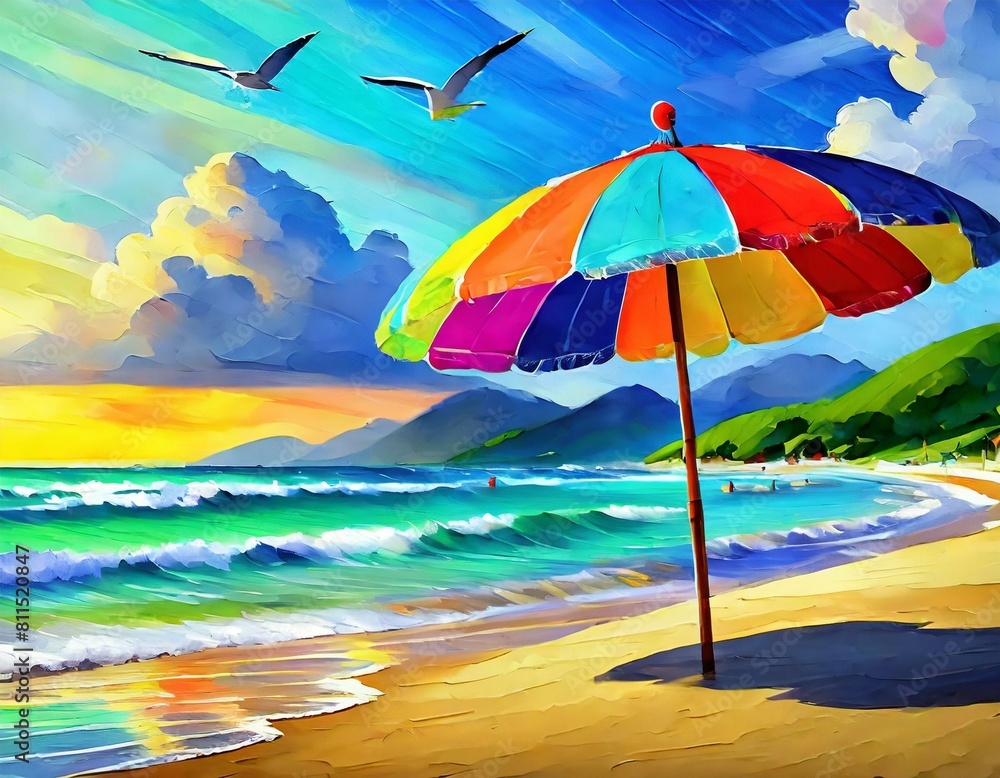 ,gentle waves rolling onto the sandy shore, seagulls soaring with umbrella A tranquil summer beach scene, with overhead, and a colorful beach umbrella providing shade,