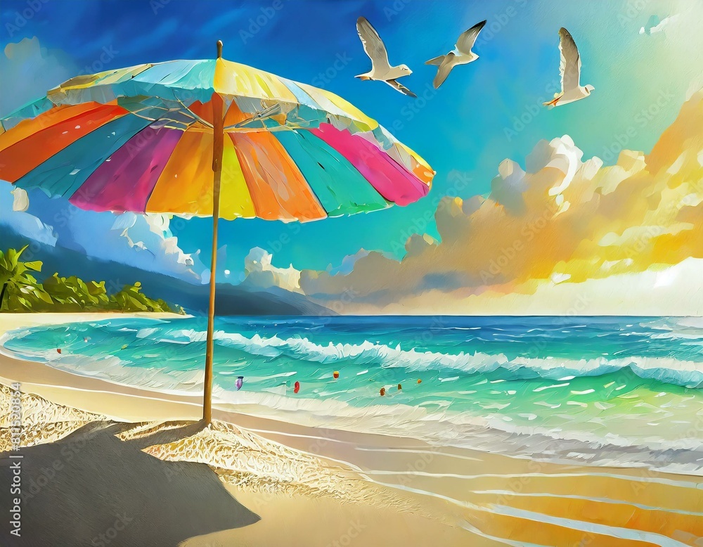 with gentle waves rolling onto the sandy shore, seagulls soaring overhead, and a colorful beach umbrella providing shade,umbrella on the beach A tranquil summer beach scene, umbrella on the beach A tr
