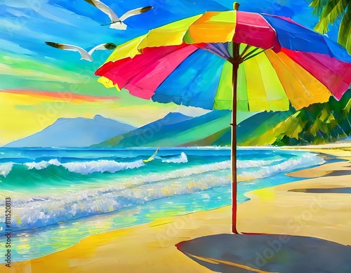 umbrella on the beach A tranquil summer beach scene, with gentle waves rolling onto the sandy shore, seagulls soaring overhead, and a colorful beach umbrella providing shade, © Gul