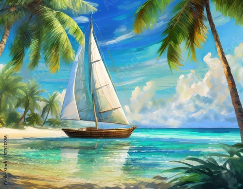 summer beach tableau  featuring a lone sailboat drifting onwaters swaying palm trees and a cloudless   crystal clear blue sky 