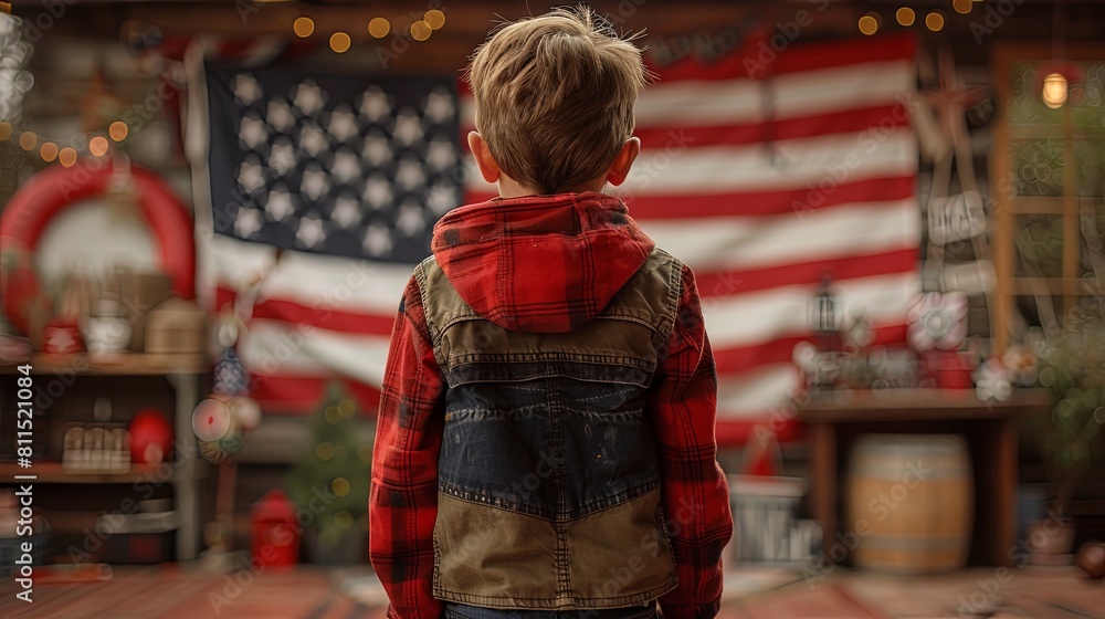 Rear view of young boy in front of the American flag on Memorial Day.