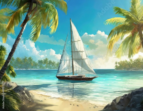  summer beach tableau, featuring a lone sailboat drifting on crystal clear waters swaying palm trees and a cloudless blue sky,