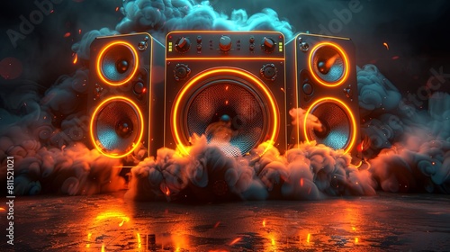 Music speaker or subwoofer in studio background with smoke and neon glow, suitable for night club or dance festival advertisement. photo