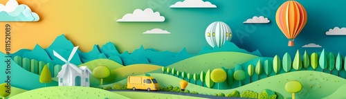 Paper cut cute design of sustainable travel  illustrated in minimal styles  serving as a colorful banner